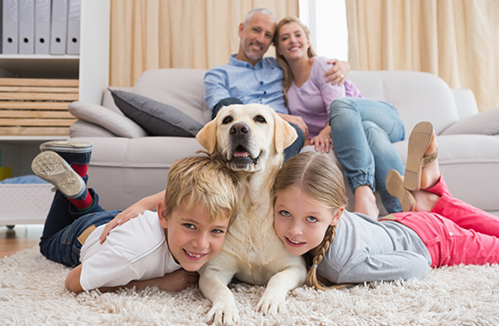 cozy family photo with pet dog